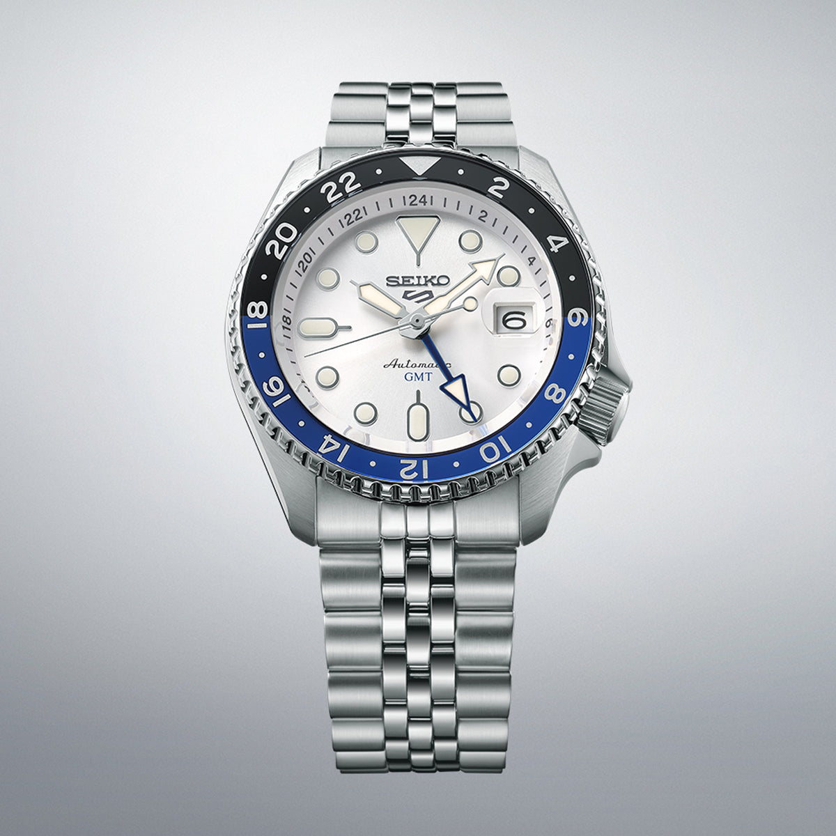 SEIKO 5 Mod. SPORTS AUTOMATIC GMT - WHITE wristwatch with stainless steel case and bracelet, water-resistant 10 ATM, official box packaging.