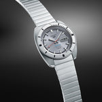 SEIKO 5 Mod. SPORTS Automatic watch with silver dial and bracelet on display