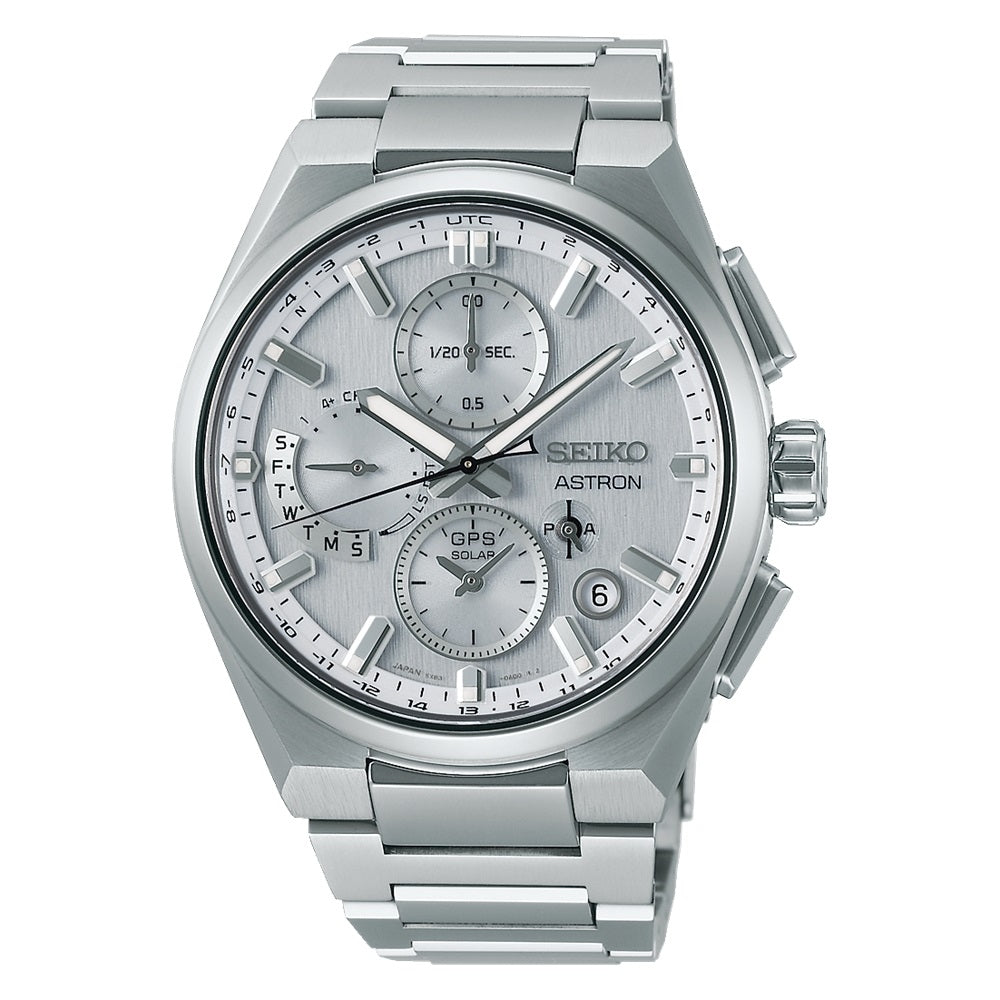 SEIKO ASTRON Mod. SOLAR GPS titanium wristwatch with sapphire dial, multifunction features, and 10 ATM water resistance.
