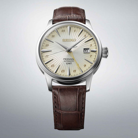 SEIKO PRESAGE Mod. COCKTAIL AUTOMATIC - LEATHER, CREAM luxury watch with brown leather strap and cream dial.