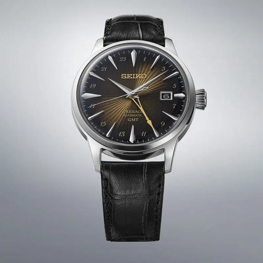 SEIKO PRESAGE Mod. COCKTAIL AUTOMATIC - RUSTY NAIL, 40.5mm stainless steel case, black leather strap, GMT and date function wristwatch
