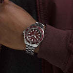 SEIKO PROSPEX Mod. SAMURAI Automatic Diver's 200 on wrist, stylish men's watch with red and silver design, durable for diving.