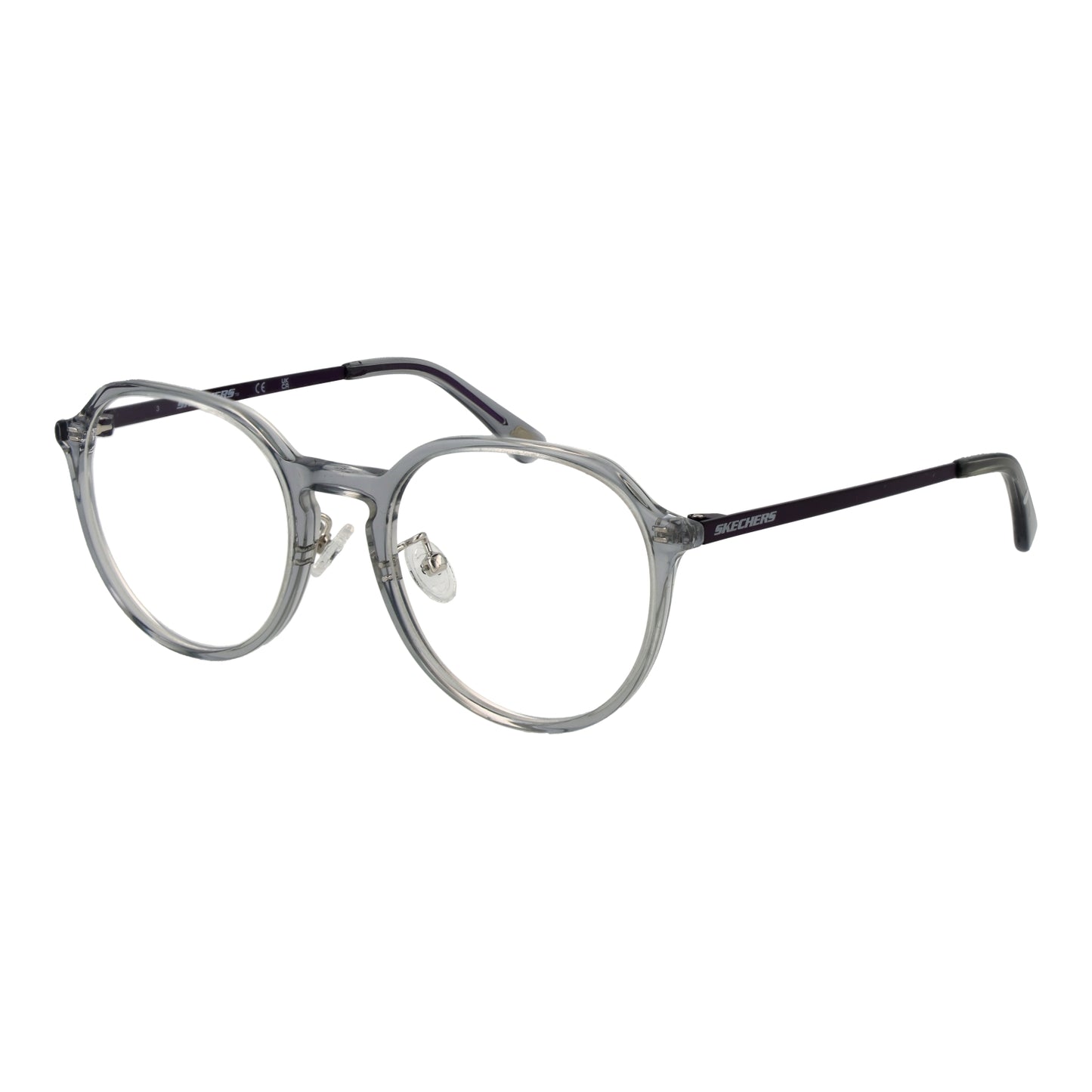 Round eyeglasses with clear frames and black temples, side view, on a white background.