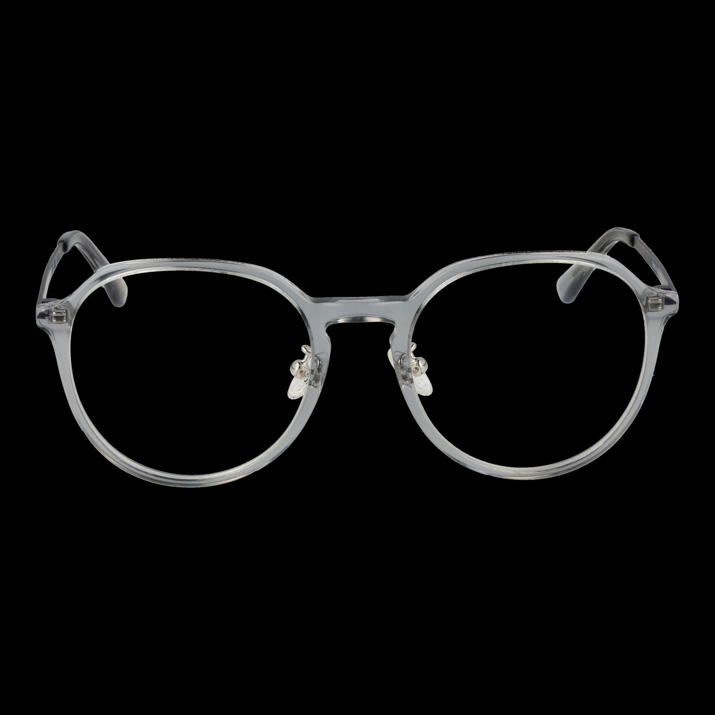 Round clear eyeglasses with transparent frame on black background.