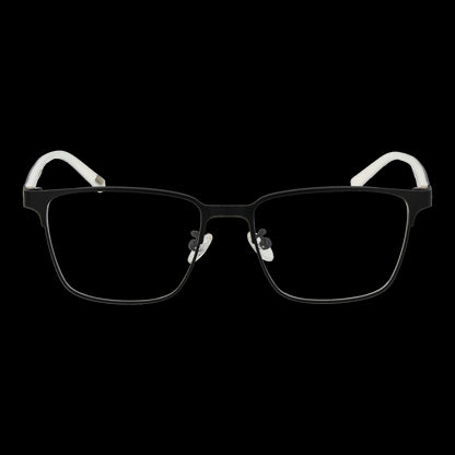 Front view of black rectangular eyeglasses with white temple tips on a black background.