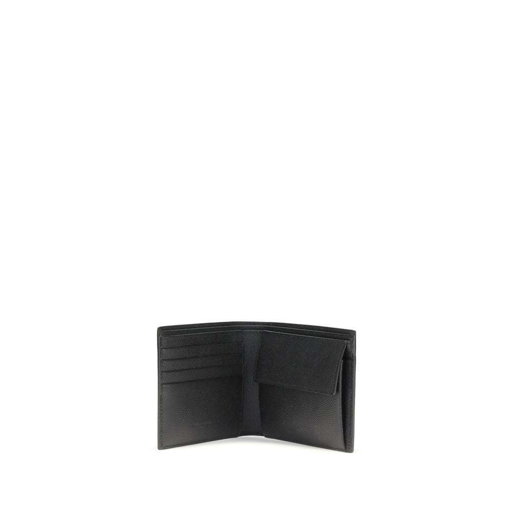 Saint Laurent Black Calf Leather Bos Taurus Wallet with card slots and coin compartment, stylish and functional accessory.