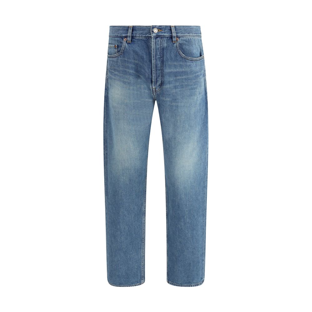 Saint Laurent Blue Cotton Straight-Leg Jeans with a mid-rise waist and five-pocket design, front view of classic Mick jeans.