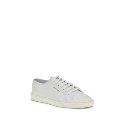 Saint Laurent White Calf Leather Bos Taurus Low Top Sneakers with gold logo and flat rubber sole on display