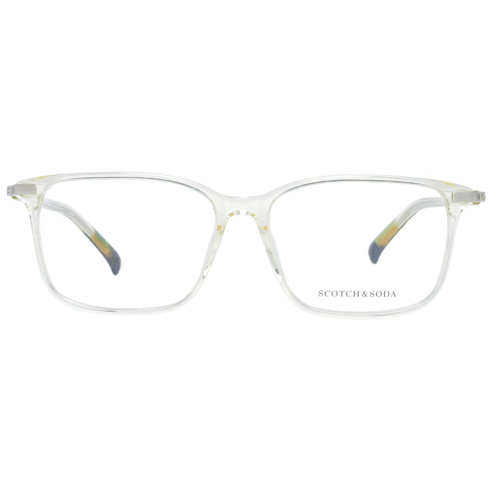 Scotch & Soda Transparent Men Glasses Frame, full-rim acetate with demo lenses, rectangle style, includes branded case, no protection.