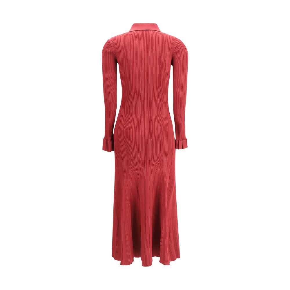 Back view of Self-Portrait Red Viscose Casual Dress with ribbed knit and flared sleeves.