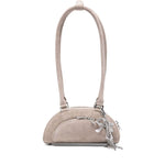 Self-Portrait Suede mini shoulder bag in grey with bow detailing and top zip fastening, dimensions 22x10x7cm, handle length 30cm.