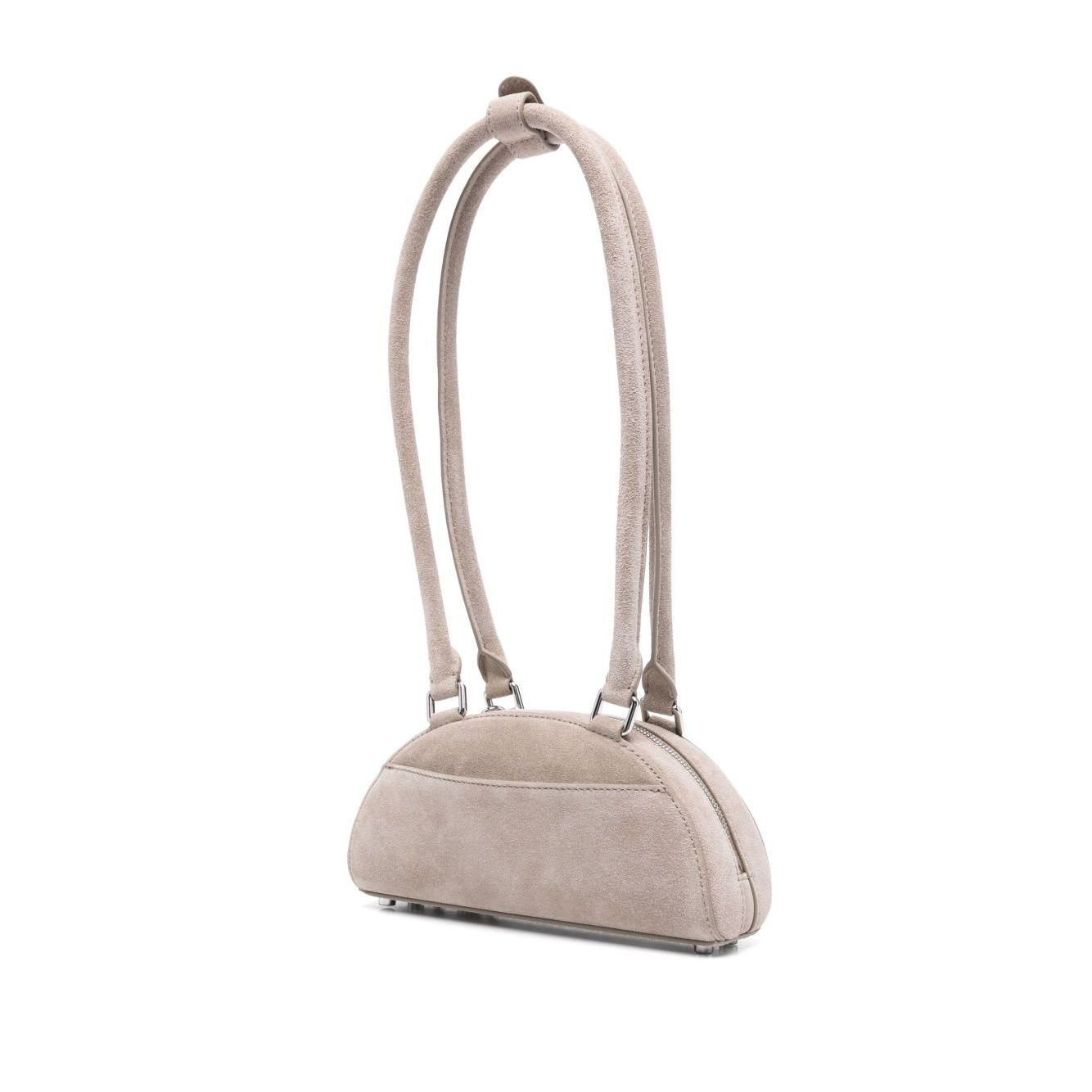 Self-Portrait Suede mini shoulder bag in grey with single top handle and bow detailing, featuring top zip fastening and spacious main compartment.