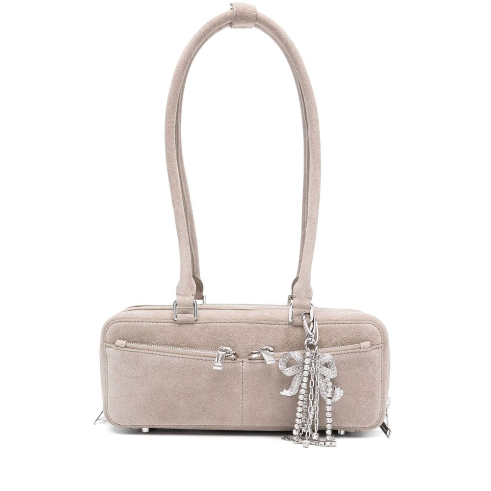 Self-Portrait suede baguette shoulder bag in grey with silver-tone hardware, bow detailing, and top zip, featuring a main compartment.
