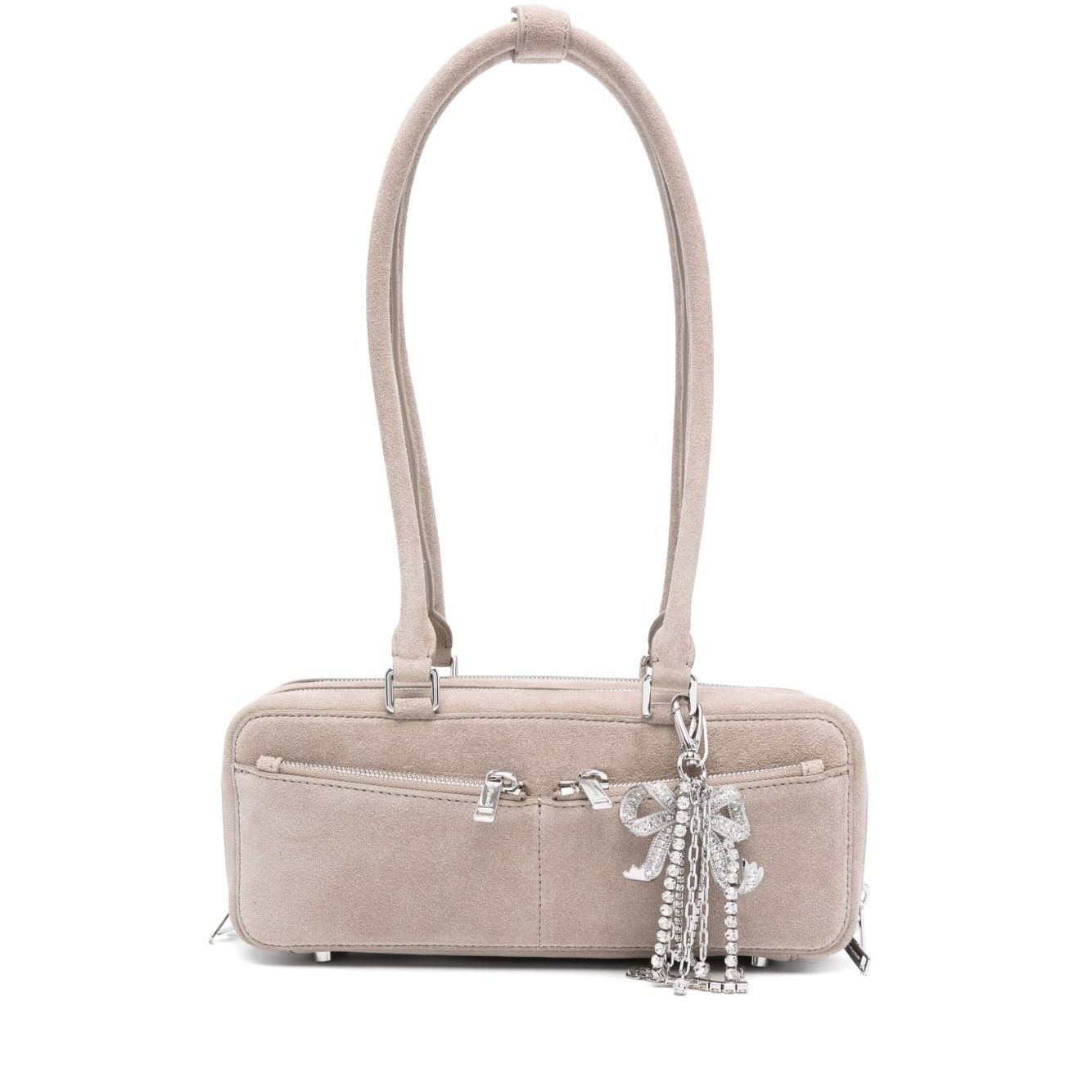 Self-Portrait suede baguette shoulder bag in grey with silver-tone hardware, bow detailing, and top zip, featuring a main compartment.