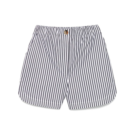 SportMax Shorts Black featuring striped design, elastic waistband, front button, zip fastening, and pockets.