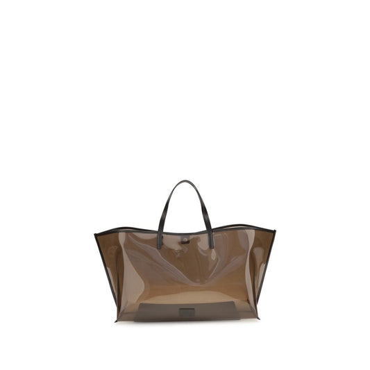 Staud Brown Pvc Handbag in large tote style, featuring a transparent PVC body and black handles, ideal for modern casual use.