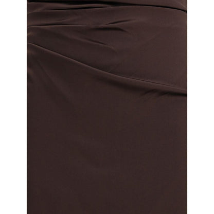 Close-up of Staud Brown Silk Cocktail Dress fabric showcasing elegant draped silk texture and rich brown color.