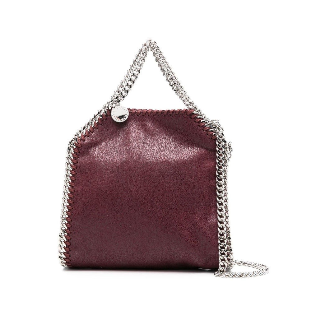 Stella McCartney Falabella Tiny crossboydy bag in bordeaux red with chain-link handles and logo charm, includes a protective dust bag.