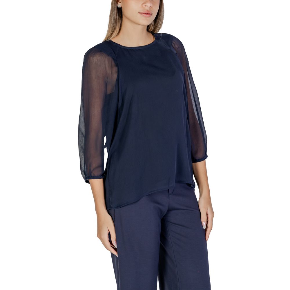 Street One Blue Polyester Blouse with semi-transparent sleeves, perfect for casual and sophisticated outfits, offering comfort and style.
