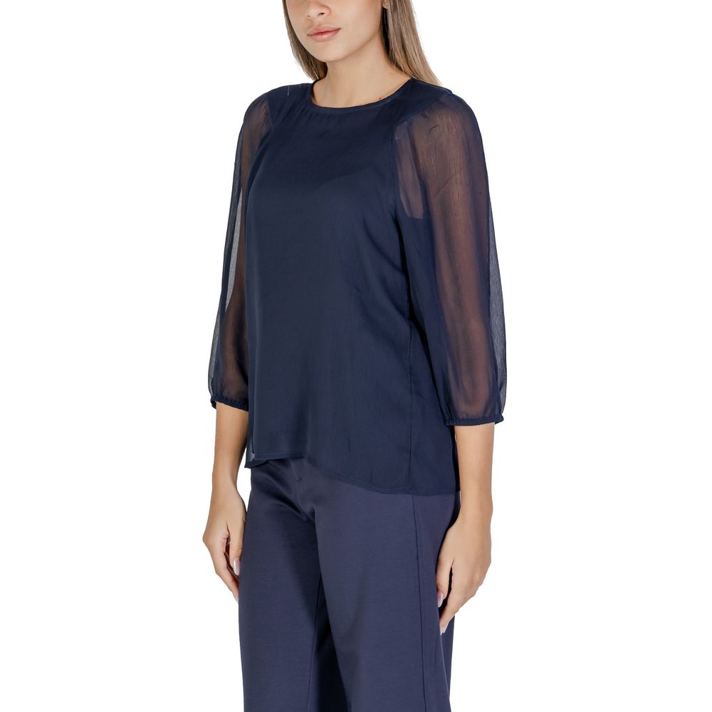 Street One Blue Polyester Blouse with semi-transparent sleeves, worn by a model, showcasing elegant and versatile fashion.