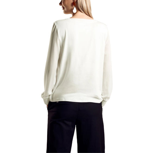 Back view of model wearing Street One White Viscose Blouse with short sleeves and V-neck, showcasing casual summer fashion.
