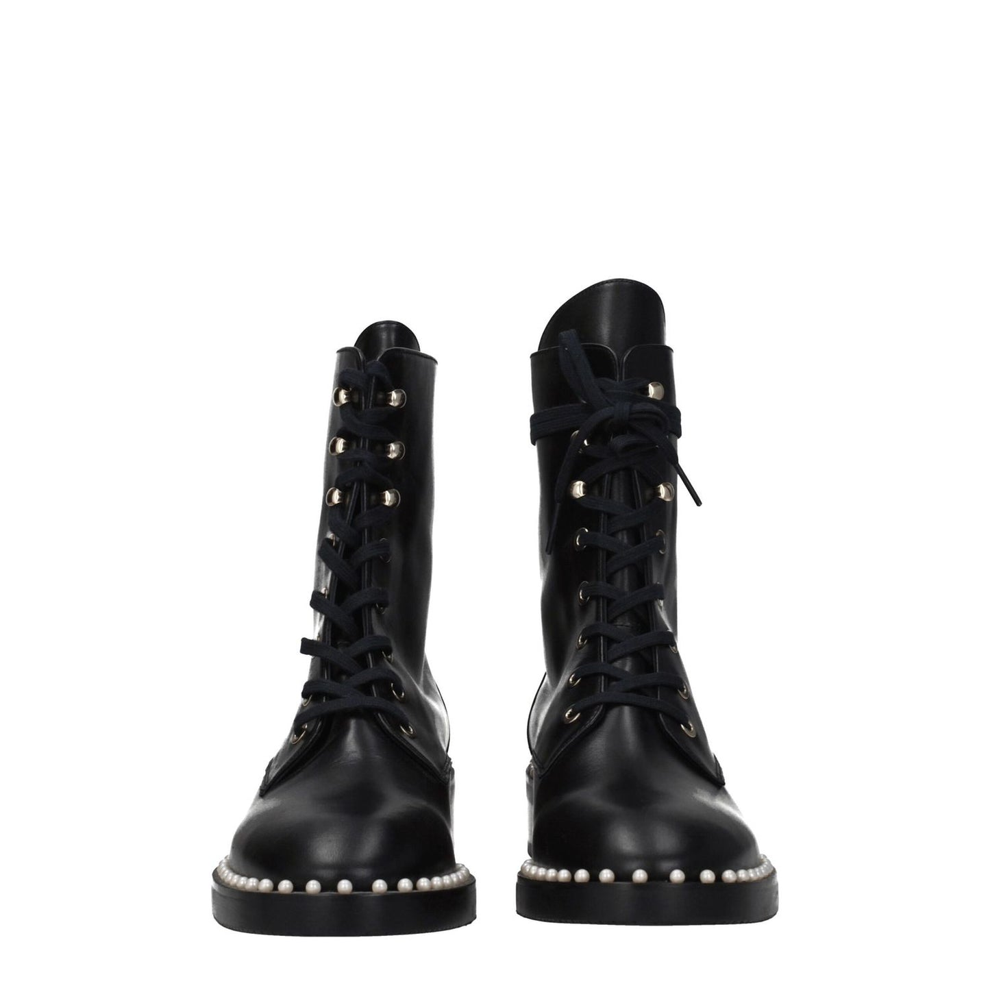 Stuart Weitzman Black Leather Ankle Boots with beaded details, lace-up closure, mid heels, punk rock style, rubber sole, and round toe.