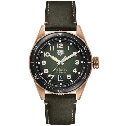 TAG HEUER Mod. AUTAVIA CAL5 COSC wristwatch with stainless steel case and sapphire dial, displayed on leather strap.