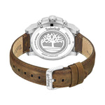Back view of TIMBERLAND Mod. FAST STRIKE watch with leather strap and engraved tree logo on the stainless steel case.