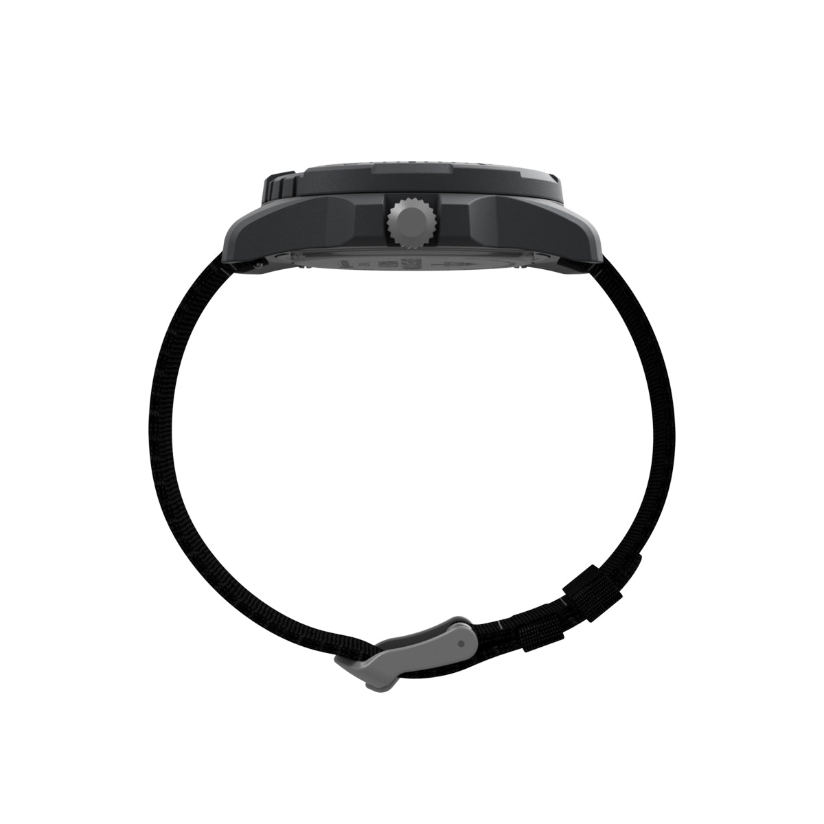 Side view of TIMEX Mod. EXPEDITION SOLAR with fabric strap and plastic case