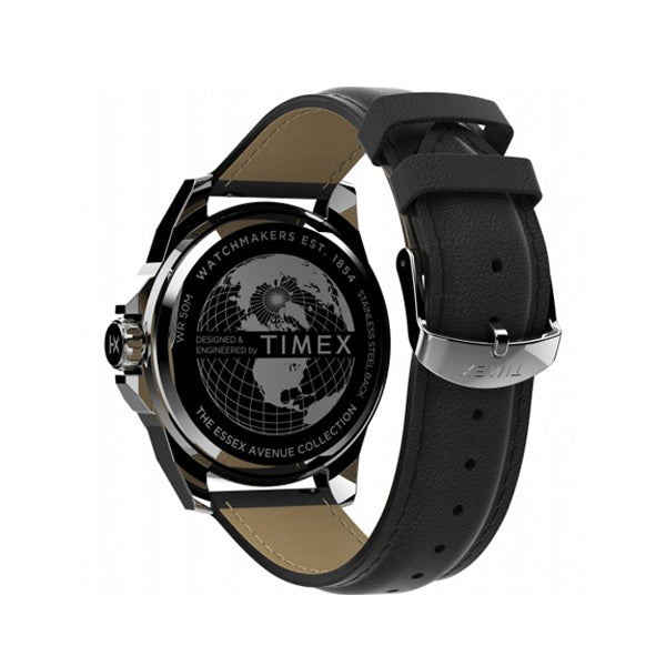 Back view of TIMEX Mod. HARBORSIDE - COAST COLLECTION wristwatch, showing black leather strap and engraved stainless steel case.