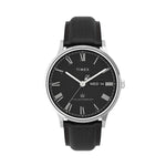 TIMEX Mod. WATERBURY CLASSIC wristwatch with a 40mm stainless steel case, black leather strap, quartz movement, displaying day and date.