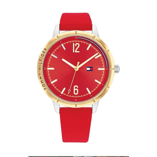 TOMMY HILFIGER Mod. 1782561 ladies' watch with red strap, quartz analog movement, mineral dial, and 38mm case in official packaging.