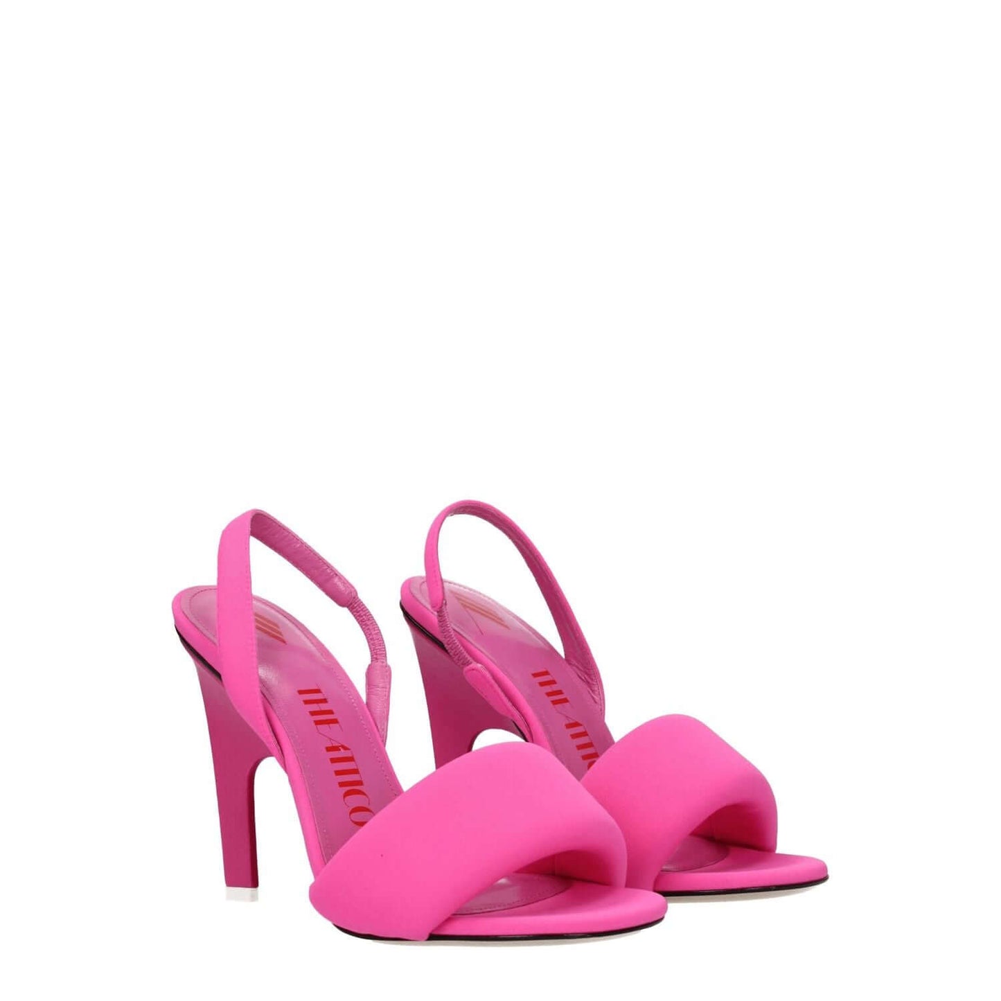 The Attico Pink Fabric Stiletto Heel Sandals with open toe design and 10.5 cm high heels, featuring a leather sole and geranium color.