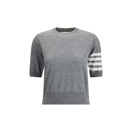 Thom Browne Gray Fleece Wool T-Shirt with ribbed crew neck and signature bands on sleeve, featuring modern ribbed hem and side slits.