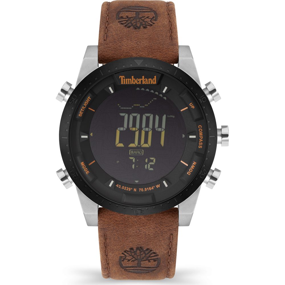 Timberland Brown Leather Digital Watch with quartz mechanism, grey stainless steel case, and advanced digital features.