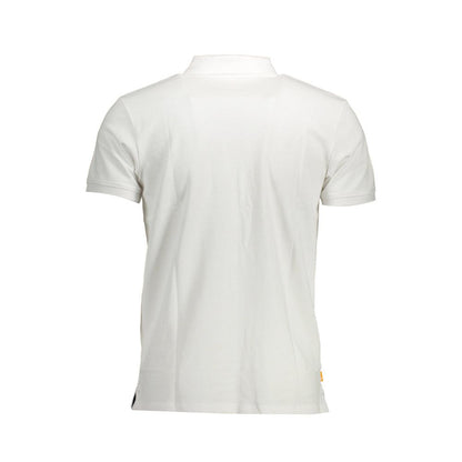 Back view of Timberland White Cotton Men Polo Shirt showcasing sleek design and short sleeves, perfect for modern style.