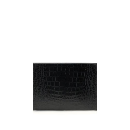 Tom Ford Black Leather Clutch Bag with crocodile print, featuring a sleek rectangular design and interior pocket, perfect for stylish functionality.