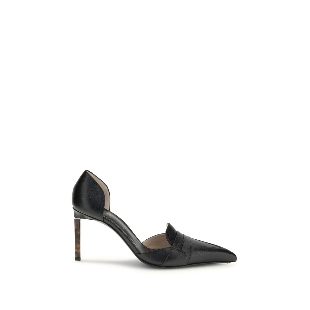 Tom Ford Black Leather High Heel Pumps with a tortoiseshell-effect heel, elegant pointed-toe design, and side cut-out detail.