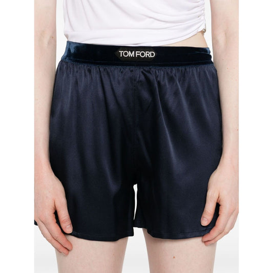 Tom Ford Shorts Blue with elasticated logo waistband in navy blue silk