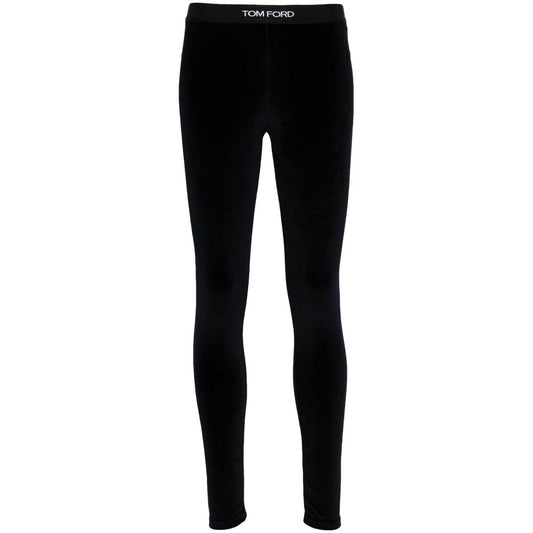 Tom Ford Trousers Blue midnight blue velour leggings with logo waistband, skinny fit, high waist, velvet texture. Size S shown.