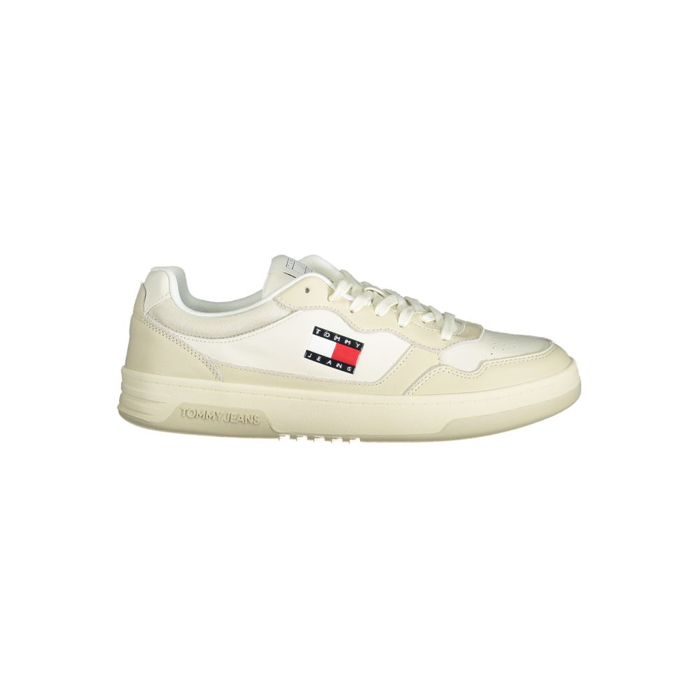 Tommy Hilfiger Beige Polyethylene Men Sneaker with logo, lace-up design, cream accents, and removable footbed.