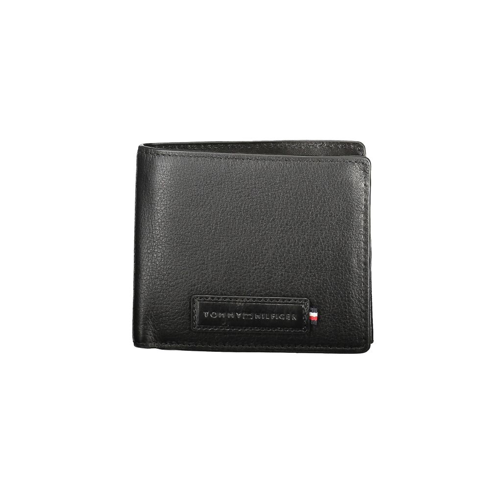 Tommy Hilfiger Black Leather Men Wallet with textured detail and logo, showcasing elegant craftsmanship and multiple compartments.