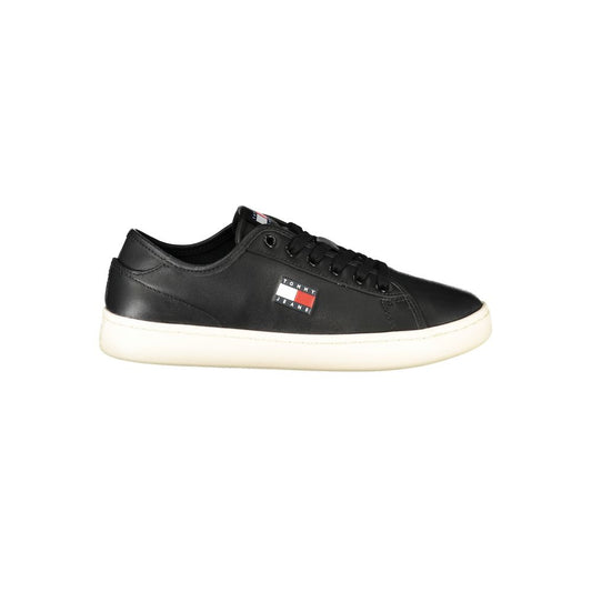 Tommy Hilfiger Black Leather Women's Sneaker with iconic logo, sleek design, and comfortable footbed.
