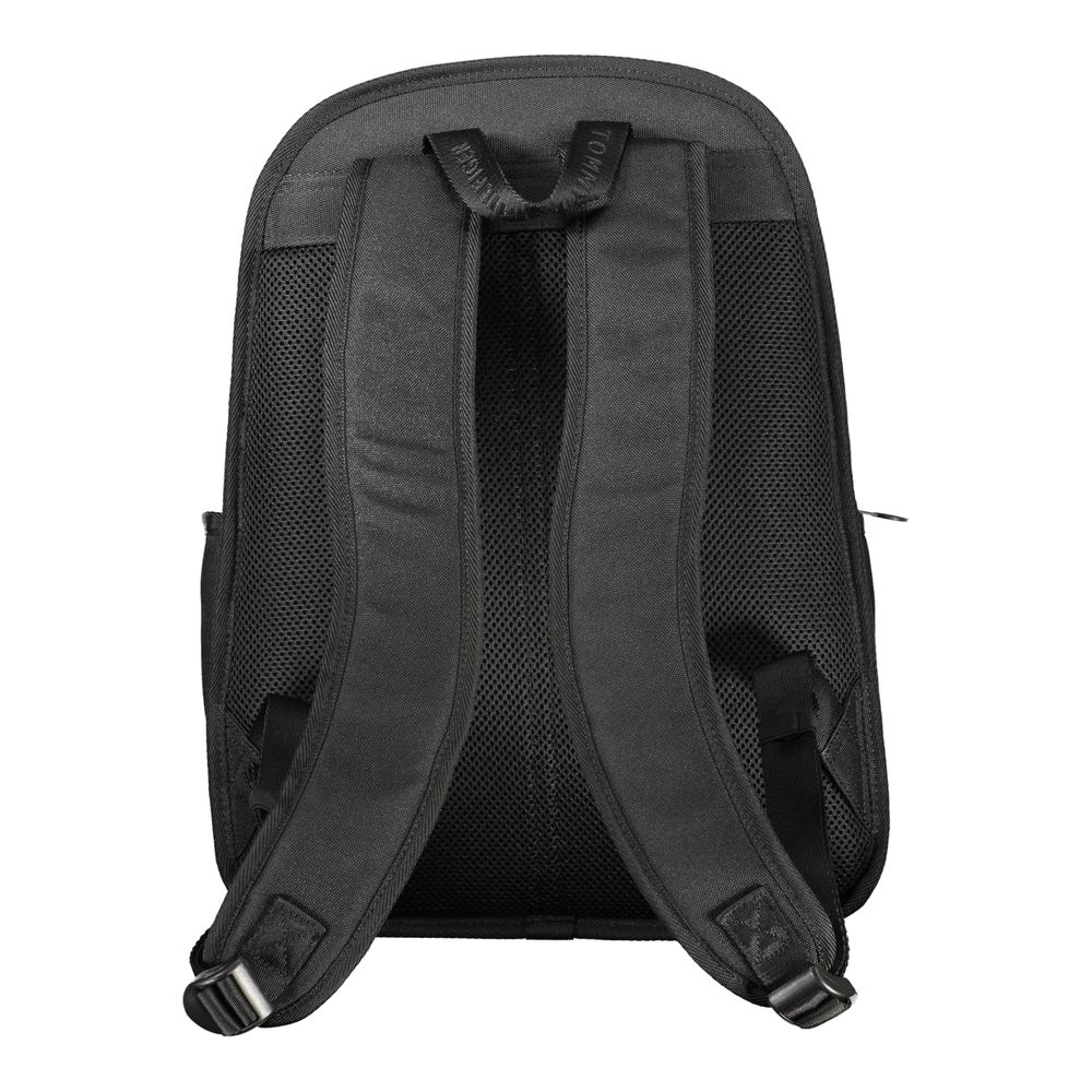 Tommy Hilfiger Black Polyester Backpack with adjustable straps and contrasting details, rear view.
