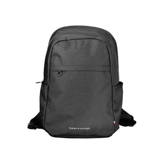 Tommy Hilfiger Black Polyester Backpack with handle, adjustable straps, external pockets, contrasting details, and zip closure.