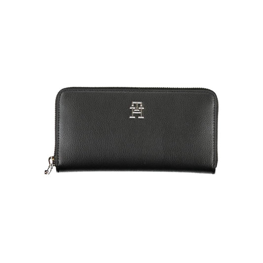 Tommy Hilfiger Black Polyester Wallet with compartments, coin purse, card spaces, and zip closure, featuring logo.