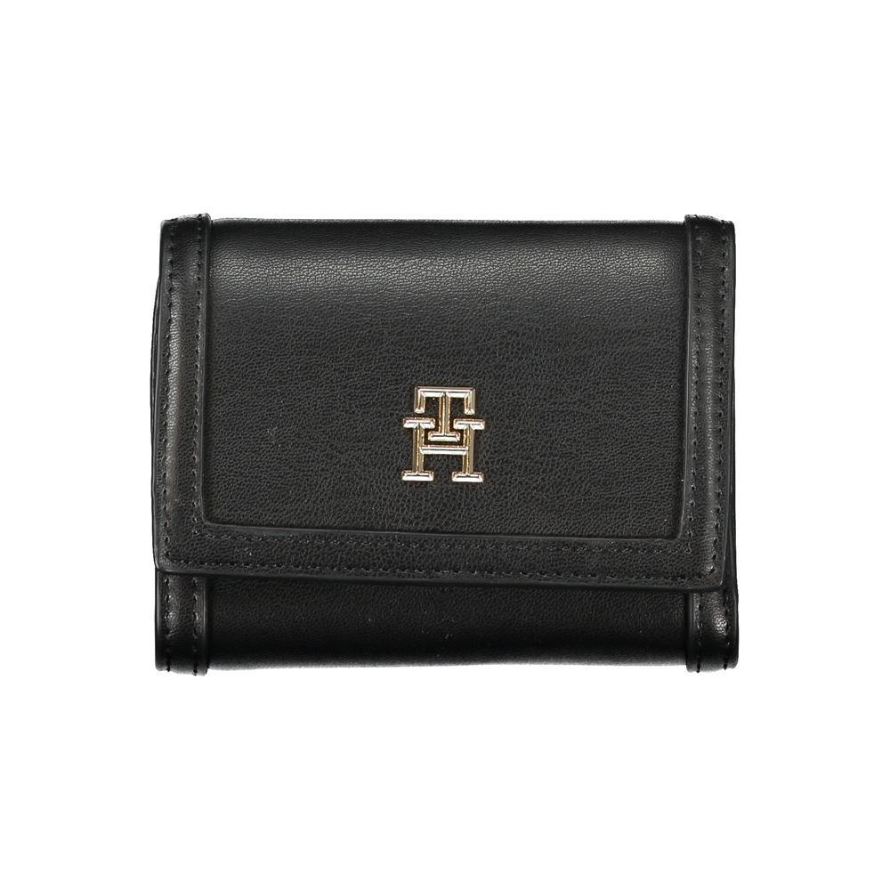 Tommy Hilfiger Black Polyethylene Wallet with logo, double card spaces, coin purse, contrasting details, zip, and automatic closure.