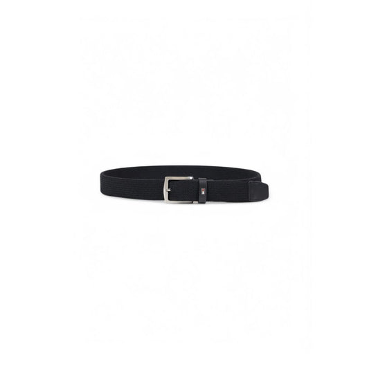 Tommy Hilfiger Black Recycled Polyester Belt with shiny metal buckle, made of 60% recycled polyester and 40% elastane for perfect fit.