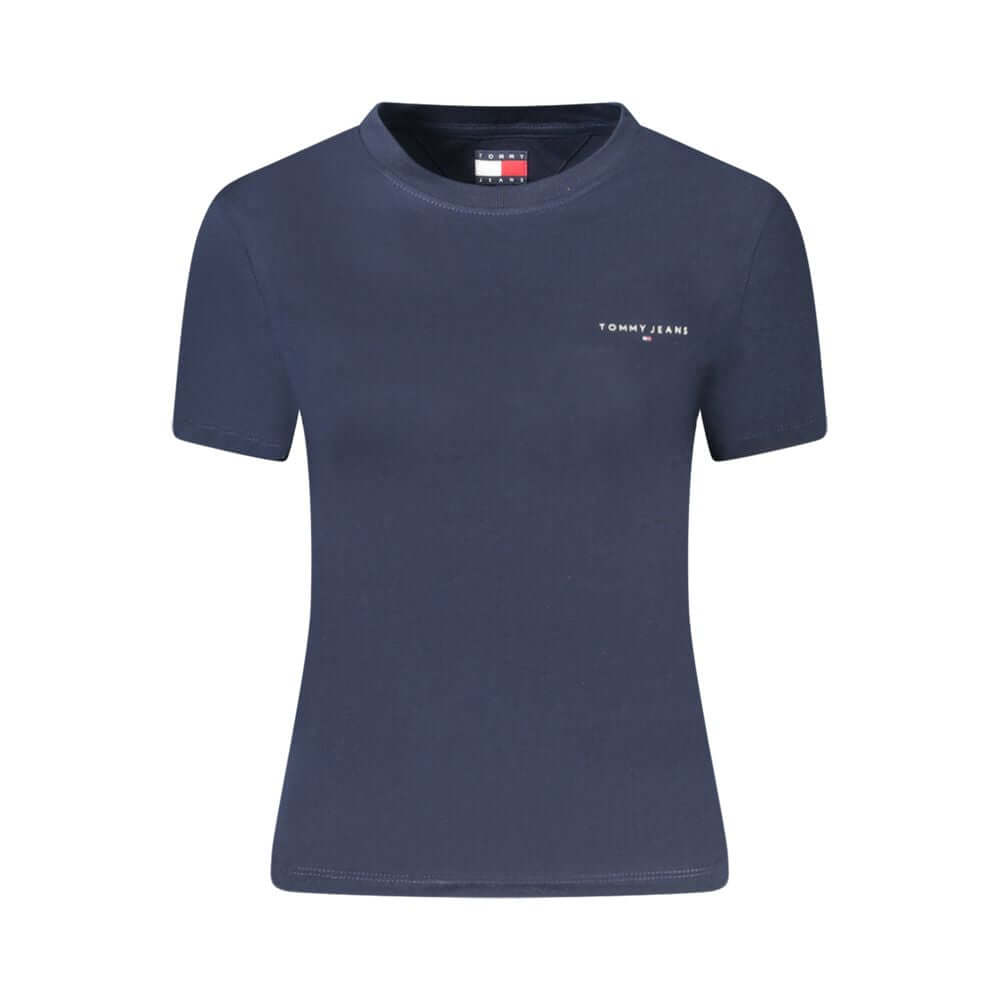Tommy Hilfiger Blue Cotton Women T-Shirt, short-sleeved, crew neck, with Tommy logo in crisp blue, sustainable cotton material.