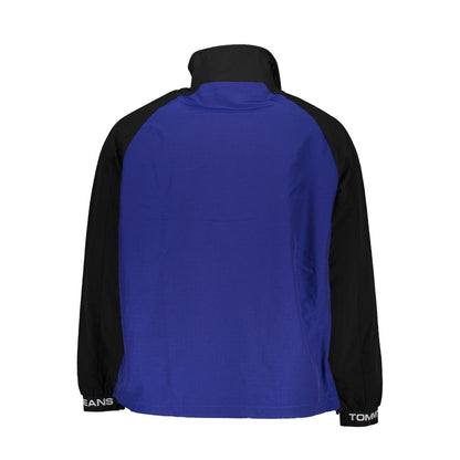 Back view of Tommy Hilfiger Blue Polyamide Men Jacket with black sleeves and Tommy Jeans branding on cuffs.